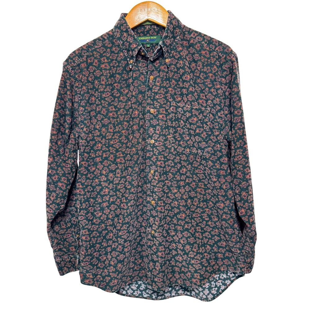 Vintage Embassy Row Cotton Corduroy‎ Paisley Button Front Shirt Medium Green